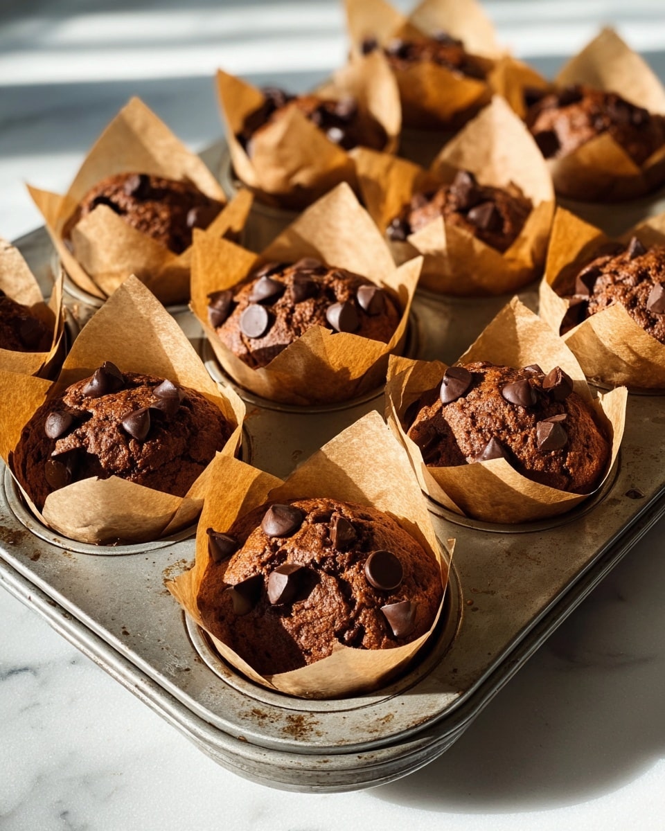 The image shows a tray of freshly baked muffins in a metal muffin pan, each muffin wrapped in light brown parchment paper that rises above the muffin tops. The muffins are golden brown with a slightly rough texture and are studded with large, glossy dark chocolate chips scattered unevenly on the surface. The metal tray has a worn look with some slight discoloration. The tray sits on a white marbled surface, and warm sunlight highlights the different textures and rich brown colors of the muffins and chocolate chips. photo taken with an iphone --ar 4:5 --v 7