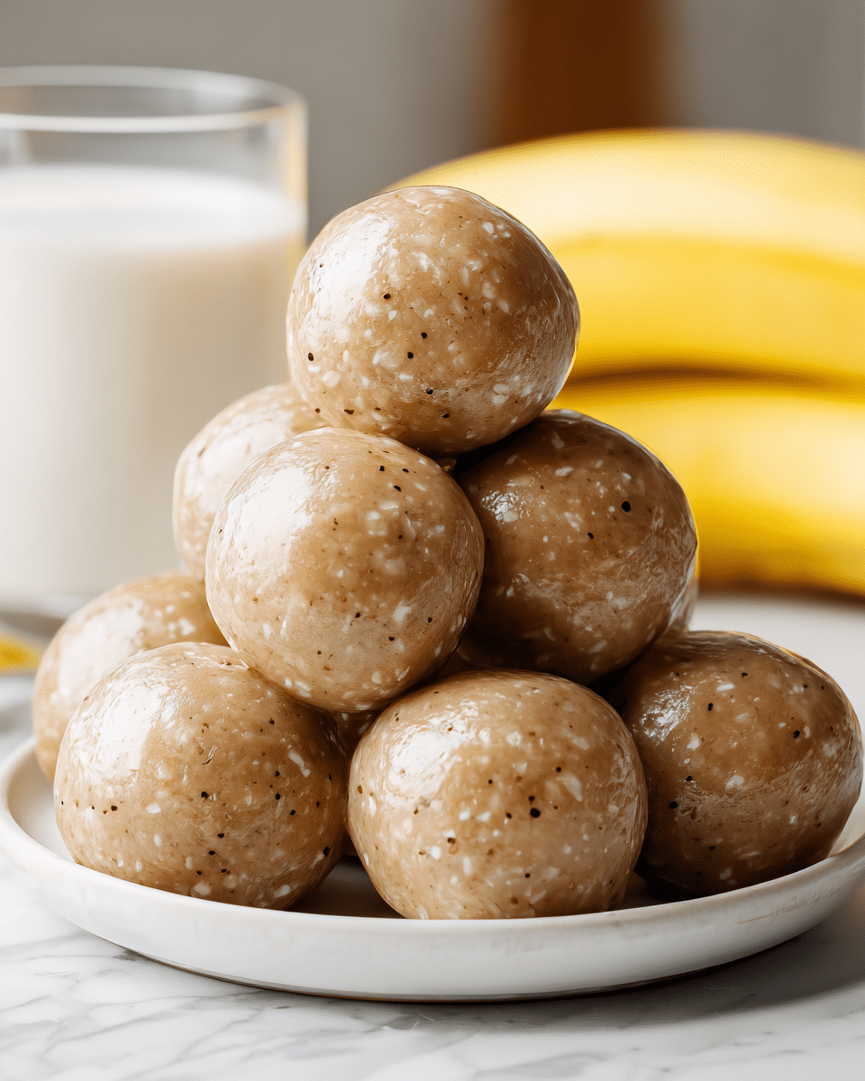 A white plate holds a pyramid stack of eight round energy balls with a smooth, glossy surface in a light brown color with small bits of lighter and darker shades inside. In the background, there is a glass of milk and a bunch of bananas resting on a white marbled textured surface. The scene is softly lit, giving the energy balls a slightly shiny look, showing their moist texture. photo taken with an iphone --ar 4:5 --v 7