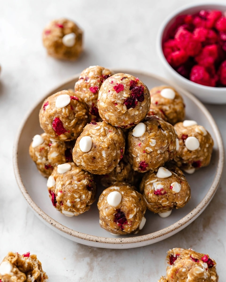 A white rounded plate holds a pile of small round energy bites that each have a light brown base made of oats and nut butter, with white chips and small red berry pieces mixed throughout, giving the bites both smooth and textured surfaces. The plate is placed on a white marbled surface, and there is a white bowl filled with bright red dried berries at the upper right corner of the image. A few energy bites are scattered outside the plate, with one slightly out of focus near the top of the image. Photo taken with an iphone --ar 4:5 --v 7