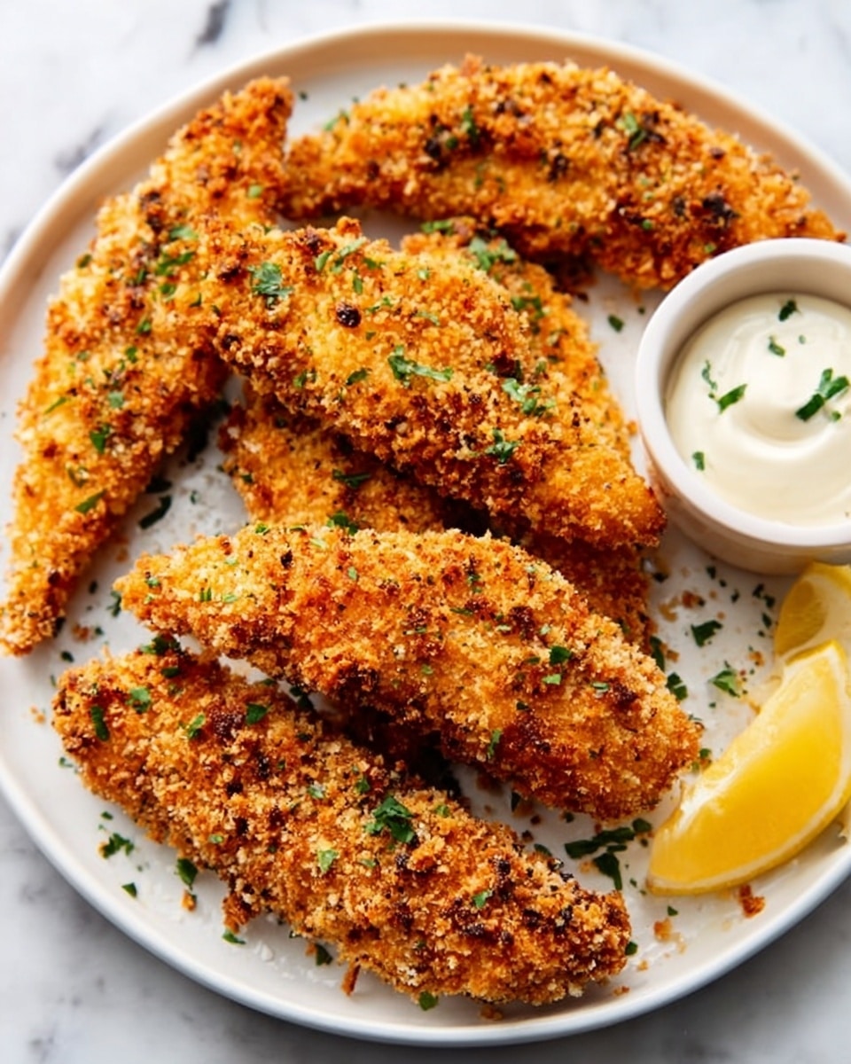 The image shows a white plate on a white marbled surface, filled with golden brown crispy breaded chicken strips. Each chicken strip has a crunchy texture with visible crumbs and herbs sprinkled on top, giving a fresh green contrast. There are four chicken strips neatly arranged on the plate, with a small white bowl of creamy dipping sauce on the side and a wedge of bright yellow lemon near the edge. photo taken with an iphone --ar 4:5 --v 7