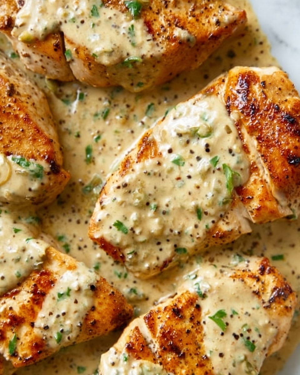 The image shows four chicken breasts cooked to a golden brown with visible black pepper and herbs on top. The chicken is covered in a creamy, light beige sauce with flecks of herbs and spices. Small green parsley pieces are sprinkled over the chicken and sauce for garnish. The texture of the sauce looks smooth and thick, filling the spaces between the chicken pieces in the white dish. The background is a white marbled surface. Photo taken with an iphone --ar 4:5 --v 7