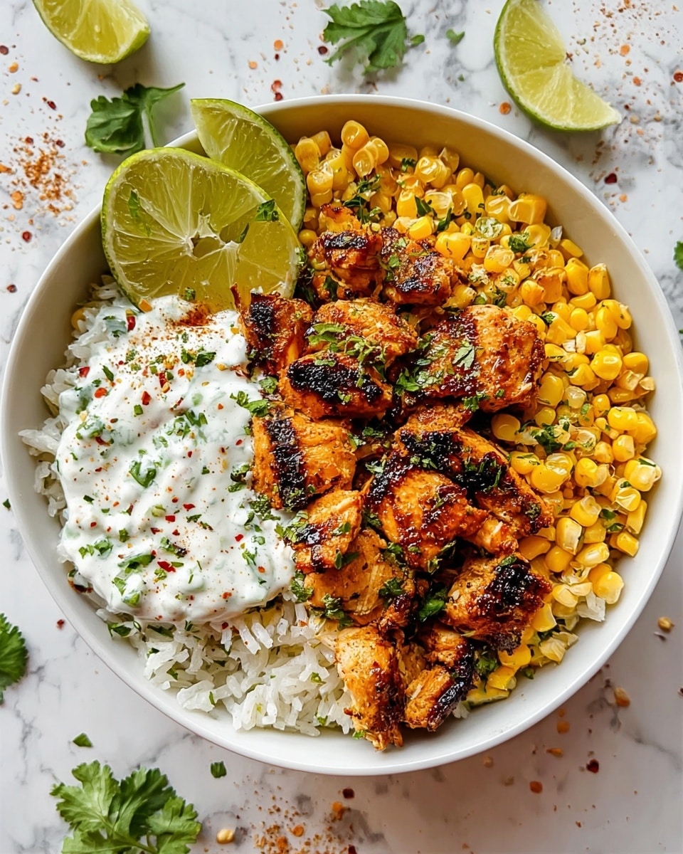 A white bowl is filled with three clear layers: at the bottom is a layer of white rice mixed with small bits of green herbs, topped with a bright yellow layer of corn kernels spread evenly around one side. On top of the corn and rice are pieces of grilled chicken that are golden brown with some charred spots, sprinkled with chopped green herbs. On one side of the chicken and rice, there is a creamy white sauce with specks of red pepper flakes. Three lime wedges with light green skin and juicy texture are placed on the corn next to the chicken. The bowl is set on a white marbled surface with scattered bits of corn, spices, and green herb leaves nearby. Photo taken with an iphone --ar 4:5 --v 7