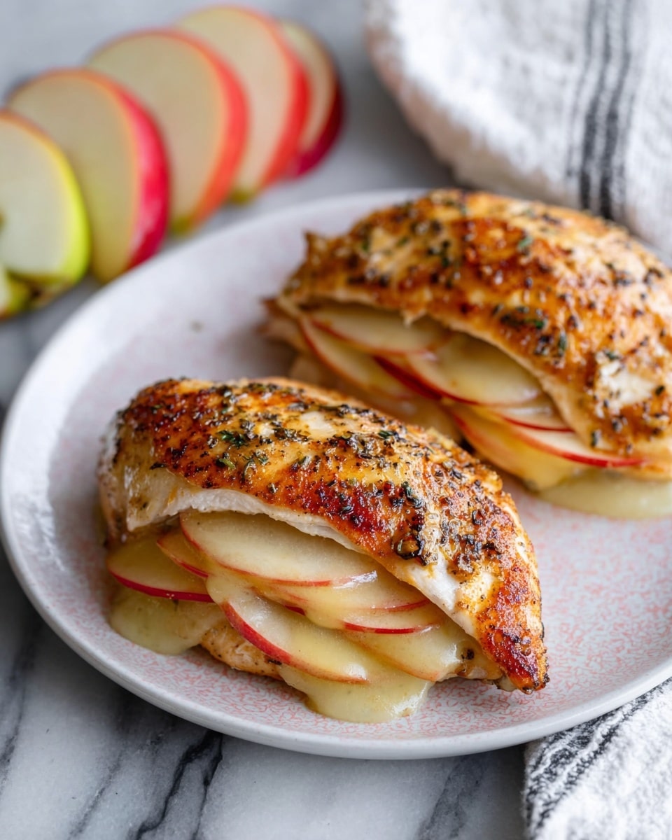 The image shows two servings of stuffed chicken breasts on a white plate with subtle pink patterns, placed on a white marbled surface. Each chicken breast has a golden brown, slightly crispy exterior with small bits of black pepper and garlic on top. Inside, there are alternating layers of thinly sliced red apple and melted light yellow cheese, making about three to four layers visible. The melted cheese slightly oozes out from between the apple slices. In the background, thin slices of red and green apples are arranged in a line, and there is a white cloth with black stripes partly visible near the plate. photo taken with an iphone --ar 4:5 --v 7