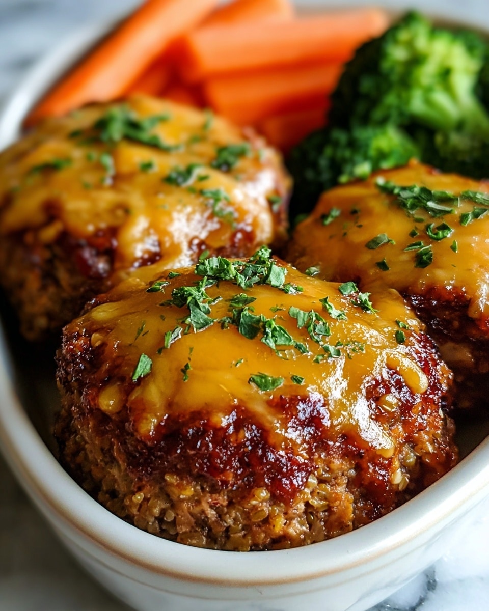 The image shows a close-up of three small, thick meatloaf cakes, each topped with a glossy layer of melted golden cheese sprinkled with bright green chopped herbs. The meatloaf has a browned, slightly crispy texture on the outside with a moist interior seen on the sides. Behind the meatloaf cakes, there are bright orange carrot sticks and green broccoli florets, adding vibrant color contrast. All the food is placed in a white ceramic dish with a rounded edge, sitting on a white marbled surface. photo taken with an iphone --ar 4:5 --v 7