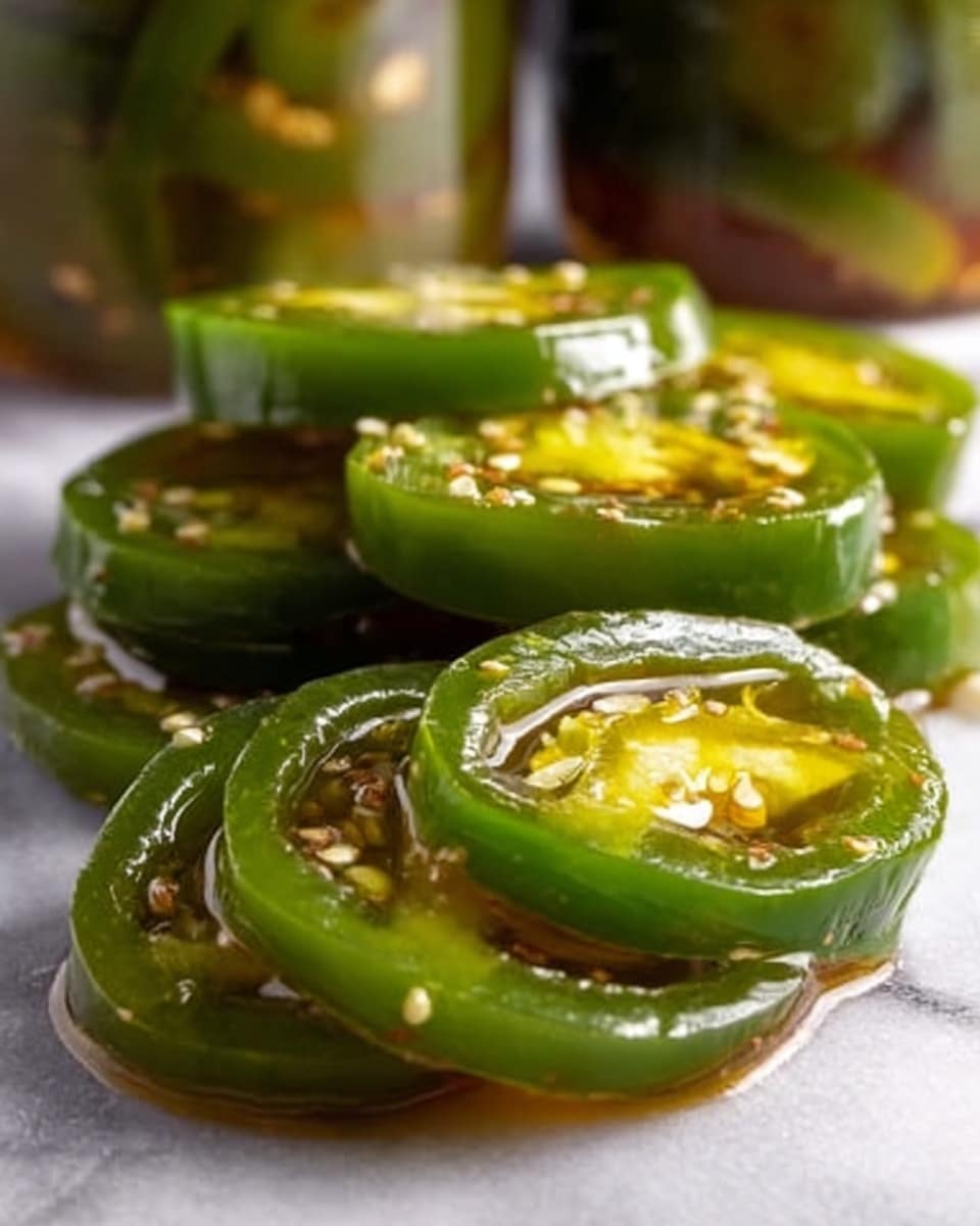 The image shows several slices of green jalapeño peppers pickled in a shiny, yellowish brine with visible seeds inside each slice. The jalapeño slices are glossy and wet, placed on a flat white marbled surface with two glass jars filled with the same pickled peppers slightly blurred in the background. The close-up view highlights the smooth texture and translucency of the peppers, making them appear fresh and tangy. Photo taken with an iphone --ar 4:5 --v 7