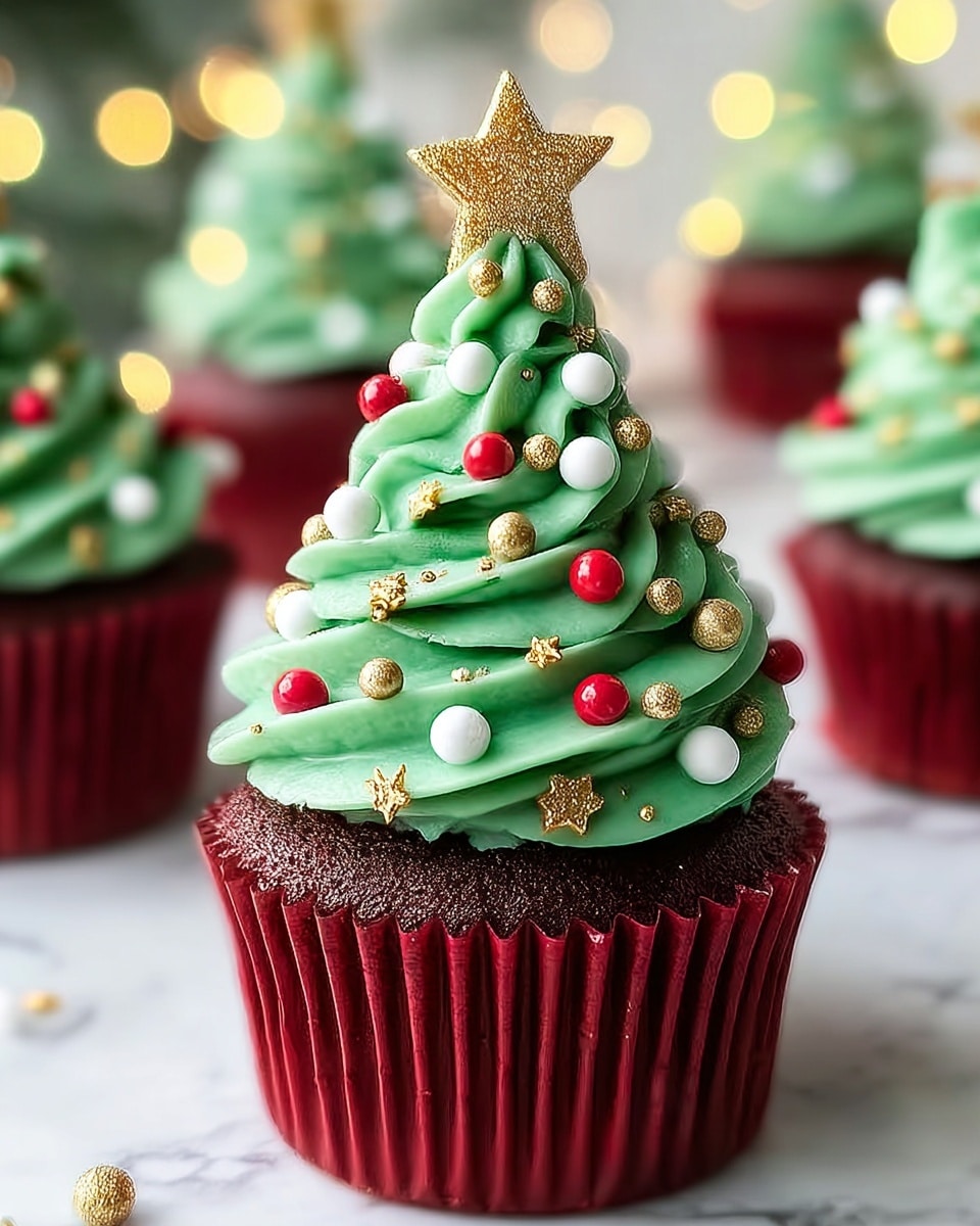 A single cupcake designed like a Christmas tree is shown, with dark brown cake at the base inside a red paper liner. On top, there are several swirled layers of bright green frosting shaped like a cone, mimicking a tree. The frosting is decorated with small round red, gold, and white candy balls and gold star sprinkles, and a glittery gold star candy is placed on the very top. The background is blurred with soft lights and hints of other similar cupcakes. The whole scene is set on a white marbled texture surface. photo taken with an iphone --ar 4:5 --v 7