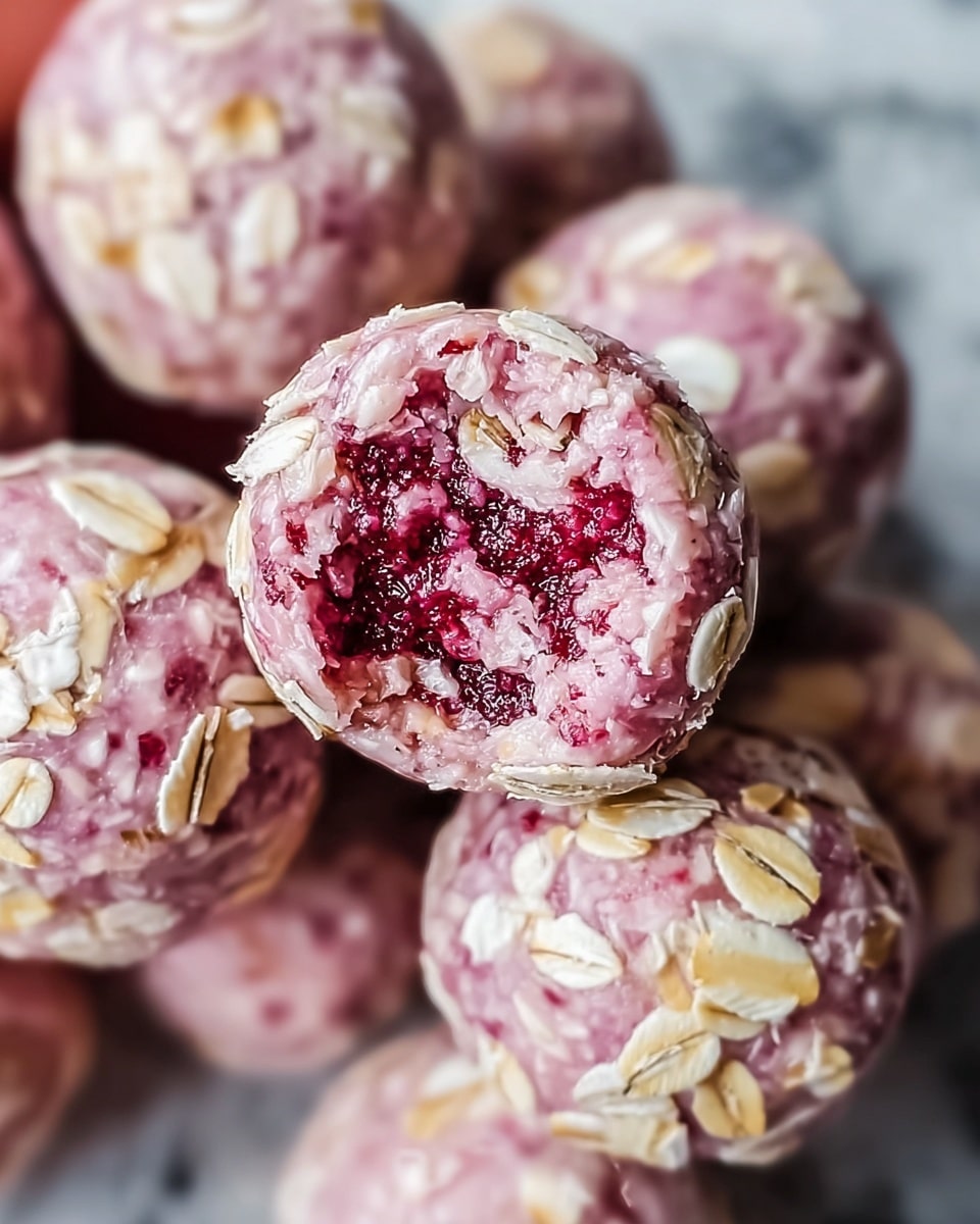 The image shows several round pink energy balls with a rough texture, covered on the outside with scattered oat flakes. Each ball has a soft, crumbly look with bits of red fruit or berry visible inside and on the surface. The balls are stacked close together, with one ball in the center held up by woman's hand, showing a deeper red spot in its middle. The background is a soft focus white marbled surface. photo taken with an iphone --ar 4:5 --v 7