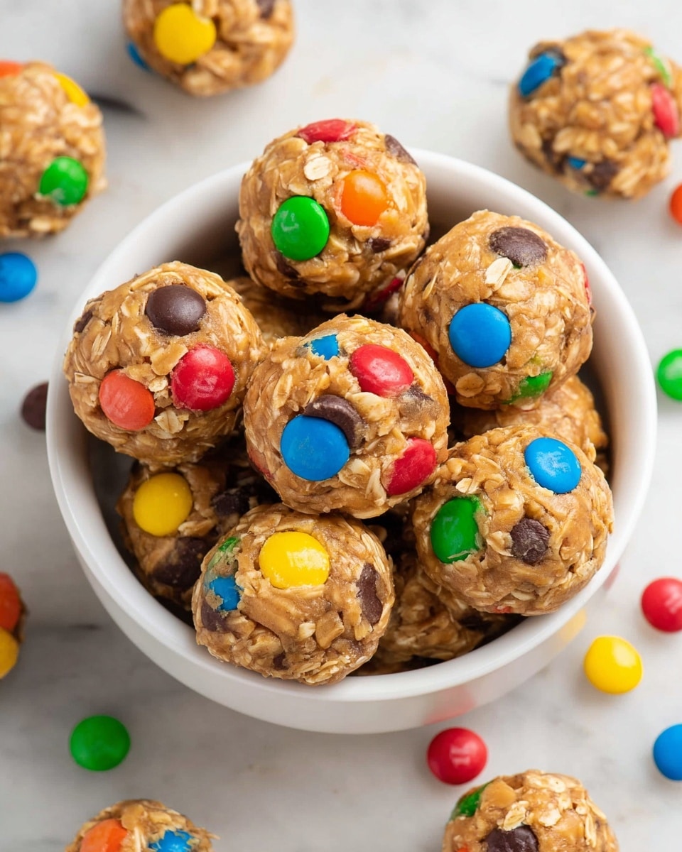 A white bowl filled with round, bite-sized energy balls made of oats and peanut butter, studded with colorful candy-coated chocolate pieces in red, yellow, green, blue, orange, and brown, giving each ball a textured and vibrant look. The balls appear tightly packed together, with some candies slightly embedded and others fully visible on the surface. Around the bowl, candy pieces and some oats are scattered on a white marbled surface, with a partial view of another white bowl filled with colorful candy in the background. Photo taken with an iphone --ar 4:5 --v 7