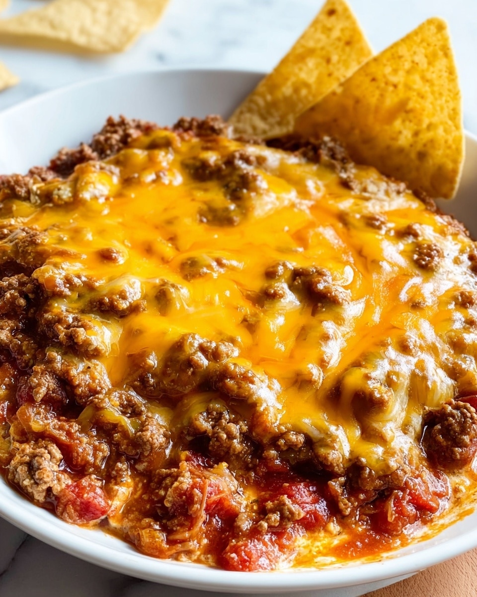 A white bowl filled with a layered dip showing melted yellow cheese and browned ground beef covering most of the surface, with visible bits of red tomato sauce peeking through underneath. Two triangular tortilla chips, light beige with specks, are placed upright on the right side of the bowl, partially submerged in the dip. The bowl is set on a white marbled textured surface with a blurry bottle visible in the background. The dip looks rich and creamy with a mix of chunky texture from the beef and smooth melted cheese. Photo taken with an iphone --ar 4:5 --v 7