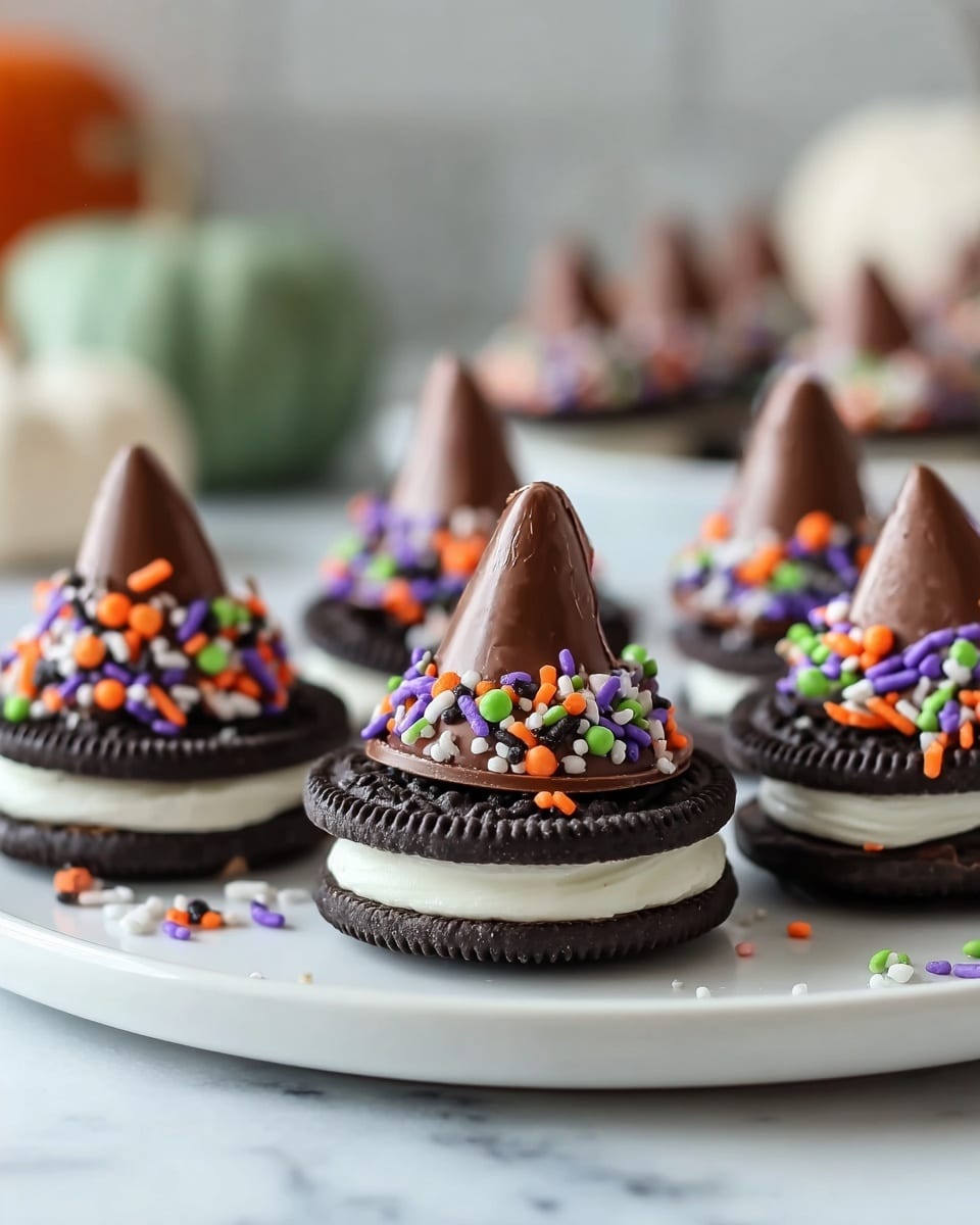 The image shows a close-up of several Halloween-themed Oreo cookie treats arranged on a white plate, which rests on a white marbled surface. Each treat has two dark chocolate Oreo cookie layers with white cream filling in the middle. On top of the final cookie layer is a layer of melted milk chocolate, decorated with colorful sprinkles in orange, green, purple, black, and white. At the center of each treat is a large, cone-shaped Hershey’s Kiss chocolate. The background is softly blurred with light tones and hints of green, giving a fresh and clean look. Photo taken with an iphone --ar 4:5 --v 7