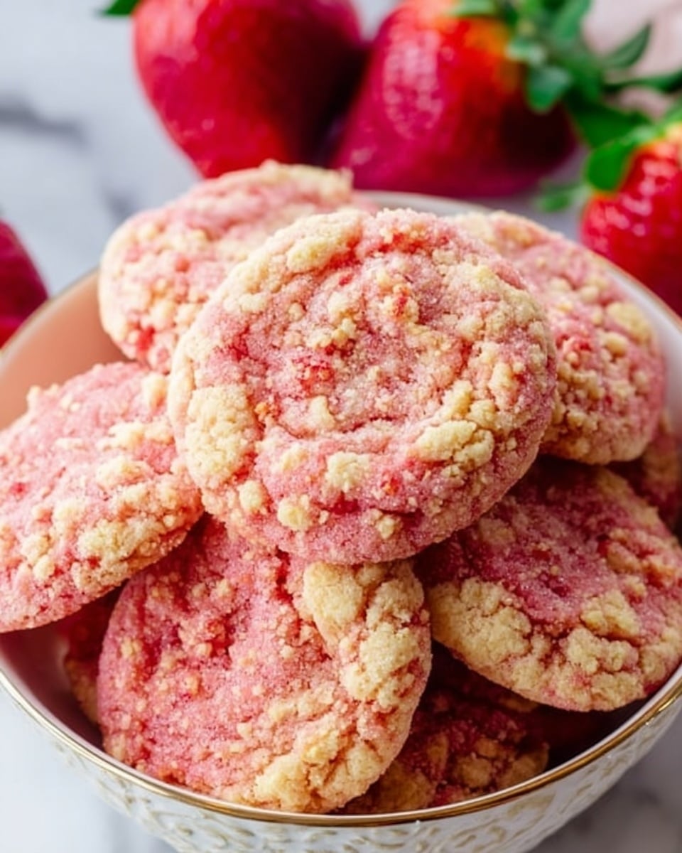 The image shows a close-up of several round pink cookies arranged in a small white bowl with a detailed design. Each cookie has a crumbly texture with light yellow and darker pink crumbs scattered on top. In the background, there are bright red strawberries with green leaves, adding a fresh touch to the scene. The bowl is placed on a white marbled surface that creates a clean and elegant look. Photo taken with an iphone --ar 4:5 --v 7