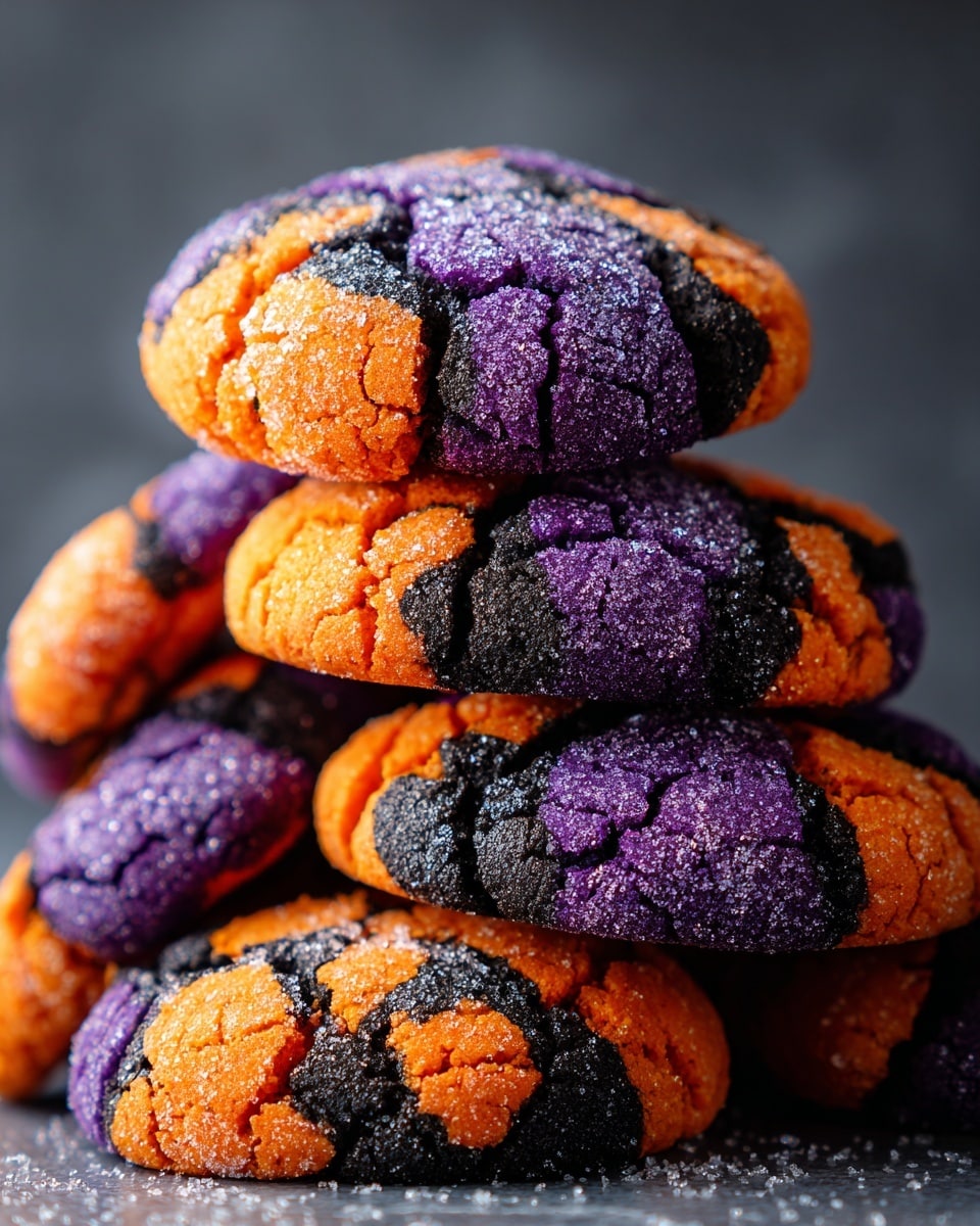 A pile of round cookies stacked on top of each other, each cookie cracked with a rough texture and covered in granulated sugar. The cookies have a mix of three colors: bright orange, deep purple, and black, often with two or more colors marbled together in a cracked pattern on each cookie's surface. The cookies appear soft and slightly thick, with sugar crystals catching the light, creating a sparkling effect. The background is a subtle gray but changed to a white marbled texture. photo taken with an iphone --ar 4:5 --v 7
