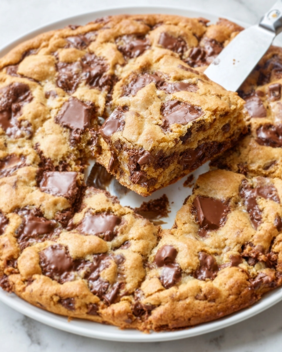 A large round chocolate chip cookie with a thick, golden-brown surface is shown, with visible chunks of dark chocolate scattered throughout. A piece is being lifted by a silver knife with a white handle, revealing a dense and slightly soft inside with melted chocolate bits. The cookie is on a white plate placed on a white marbled textured surface. photo taken with an iphone --ar 4:5 --v 7