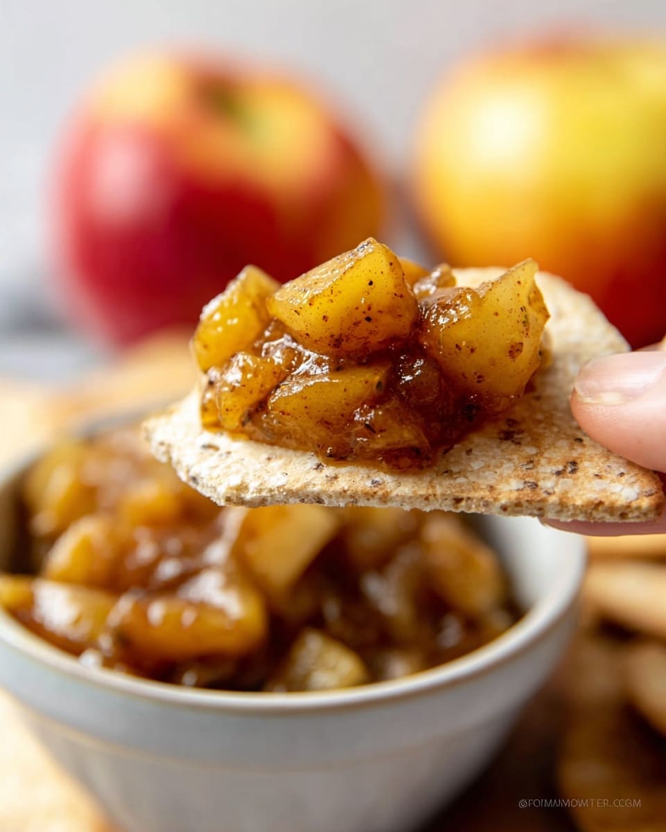 A close-up image shows a piece of toasted, light tan cracker with a slightly rough and speckled texture held by a woman's hand on the right side. The cracker has a small heap of chunky, glossy apple cinnamon topping with golden brown and amber colors, speckled with darker cinnamon bits, resting on its tip. In the background, a white bowl filled with more of the apple mixture sits on a smooth white marbled surface, with two blurred red and yellow apples further behind. The soft lighting highlights the shine of the topping and the warm hues of the apples. photo taken with an iphone --ar 4:5 --v 7