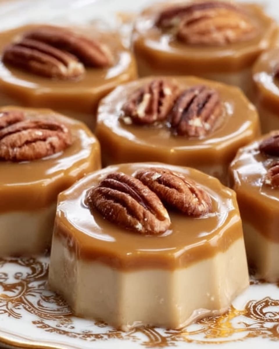 The image shows several small round caramel-colored desserts with a smooth, shiny surface. Each dessert has a thick caramel layer on top with whole pecans neatly placed in the center. The bottom layer is lighter brown and looks firm but soft. The treats are arranged tightly together on a white plate with gold patterns. The background is a white marbled texture. Photo taken with an iphone --ar 4:5 --v 7
