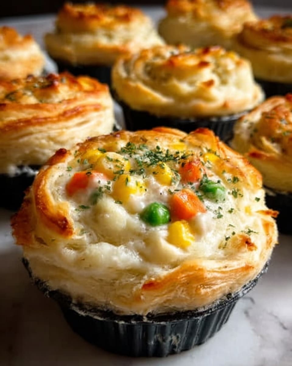 The image shows several mini pot pies with golden brown, crispy tops sitting in black baking cups. Each pie has a flaky, light brown crust forming a thick base and sides. The top layer is slightly browned and textured with swirls, while inside you can see a creamy white sauce mixed with bright pieces of yellow corn, orange carrots, and green peas spilling out. Some green herbs are sprinkled on top, adding a fresh look. The background surface has a white marbled texture. photo taken with an iphone --ar 4:5 --v 7