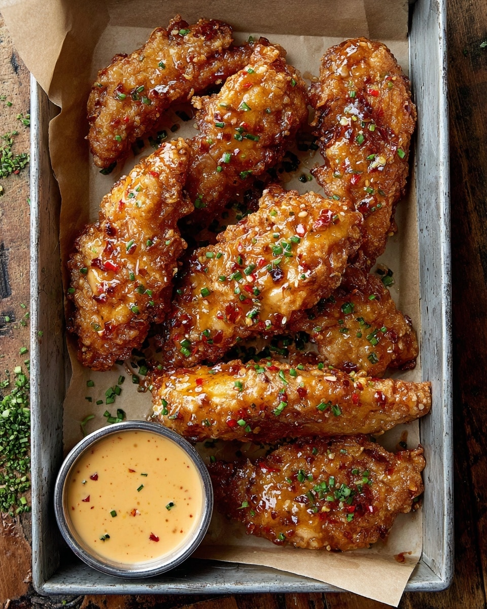 The image shows six pieces of golden-brown fried chicken tenders coated in a shiny, sticky glaze with small red flecks, arranged on a rectangular metal tray lined with brown parchment paper. The chicken pieces have a crispy textured crust and are sprinkled with finely chopped green herbs. At the bottom left corner of the tray is a small round container filled with a creamy light orange dipping sauce that has visible bits of red pepper. The tray is placed on a wooden surface with some scattered herbs nearby. photo taken with an iphone --ar 4:5 --v 7