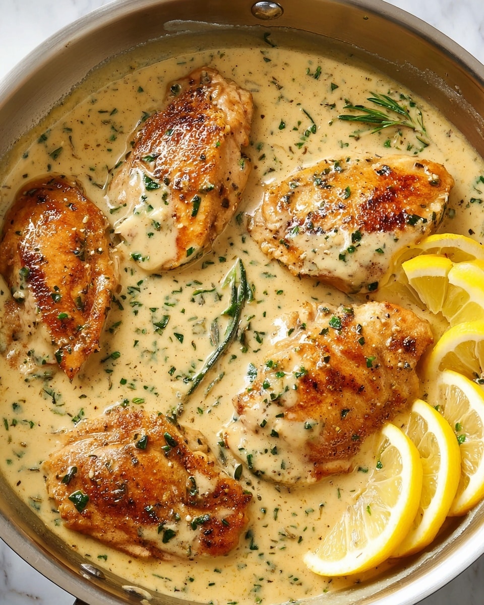 A close-up view of a creamy chicken dish in a silver pan, featuring six golden-brown chicken pieces partially covered in a thick, pale yellow sauce speckled with green herbs. The sauce pools at the bottom, creating a smooth, glossy texture around the chicken. On the right side, three lemon wedges with bright yellow skin rest in the sauce, adding a fresh touch. The pan sits on a white marbled surface. photo taken with an iphone --ar 4:5 --v 7