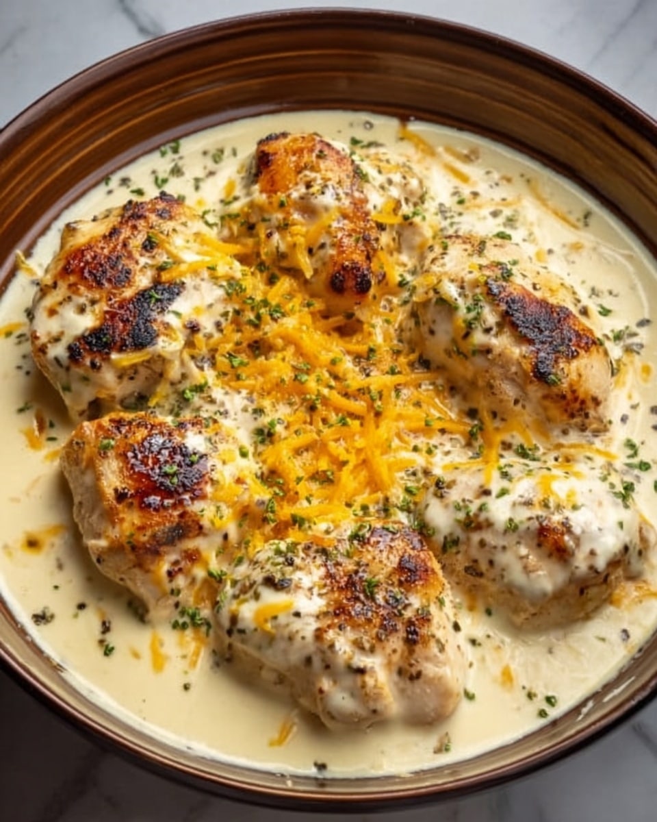 The dish shows several pieces of grilled chicken placed in a round white bowl, covered with a thick creamy white sauce that looks smooth and rich. Some pieces have melted shredded orange cheese on top, while others are sprinkled with small green herbs. The chicken has a slight brown char on the surface, adding texture. The creamy sauce fills the bottom of the bowl, surrounding the chicken evenly. The background is a white marbled texture. photo taken with an iphone --ar 4:5 --v 7