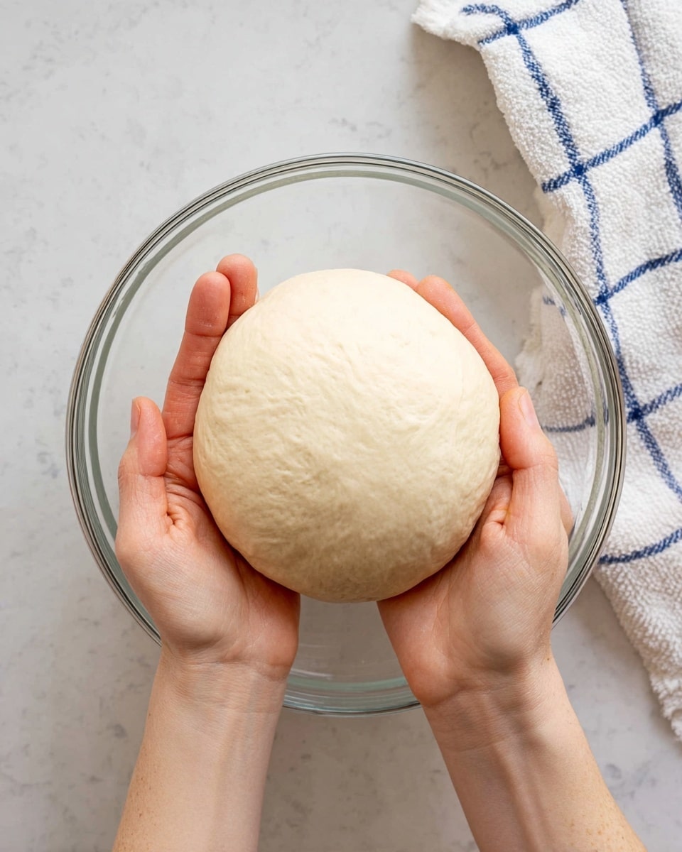 A smooth, round ball of pale beige dough is gently held above a clear glass bowl by a woman's two hands, showing its soft and slightly elastic texture. The bowl sits on a white marbled surface with a soft blue-and-white checkered cloth partially visible in the top right corner. The image highlights the dough's even surface and the careful handling, implying it is freshly kneaded and ready for rising. photo taken with an iphone --ar 4:5 --v 7