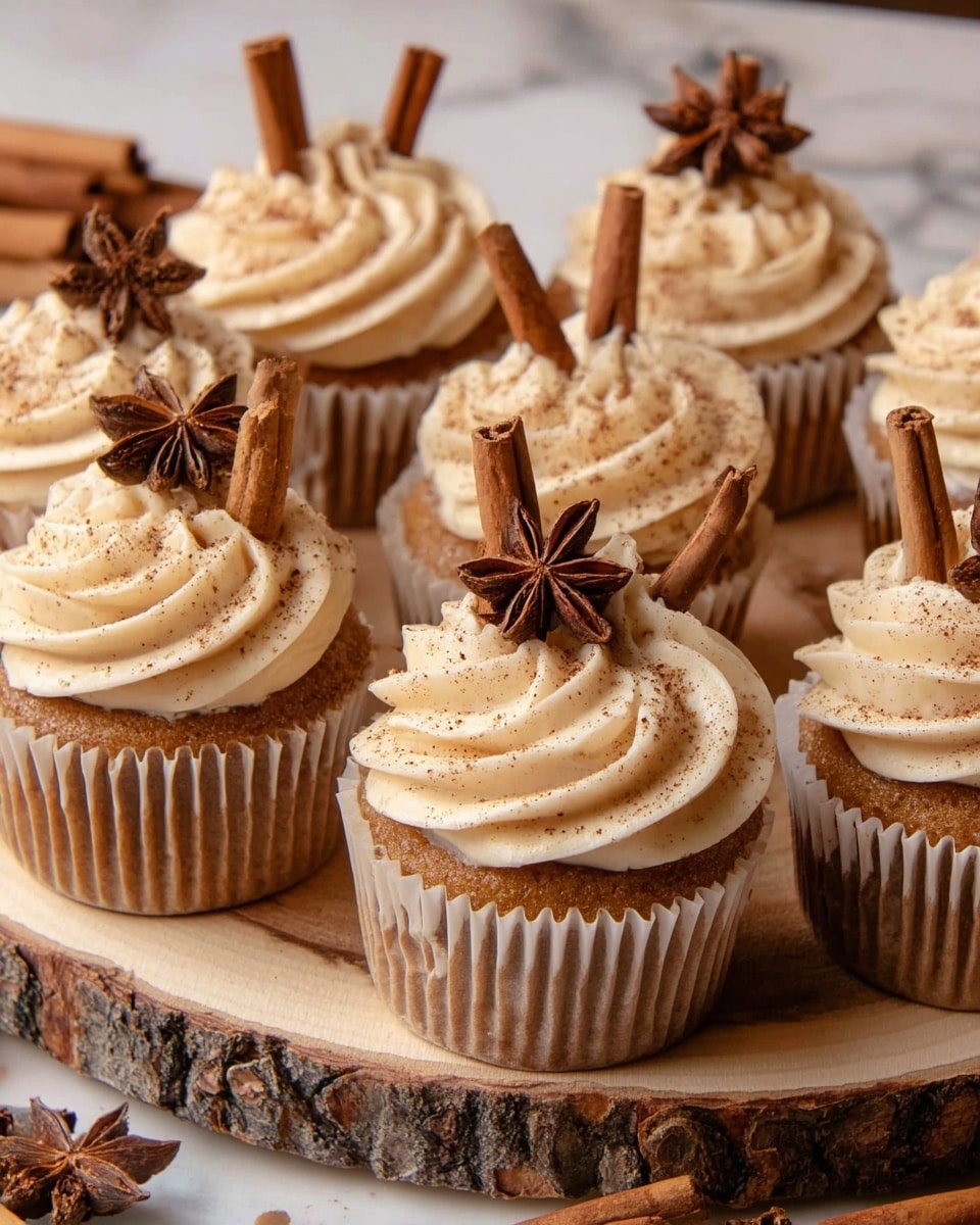 Seven cupcakes sit closely together on a round wooden slice with bark edges. Each cupcake has two visible layers: a light brown cake base wrapped in a white paper liner, topped with a thick swirl of creamy, light beige frosting sprinkled with a dusting of cinnamon or nutmeg. On top of each frosting swirl sits a small cinnamon stick and a dark brown star anise pod, adding texture and decoration. The scene is set on a white marbled surface with cinnamon sticks scattered around. Photo taken with an iphone --ar 4:5 --v 7