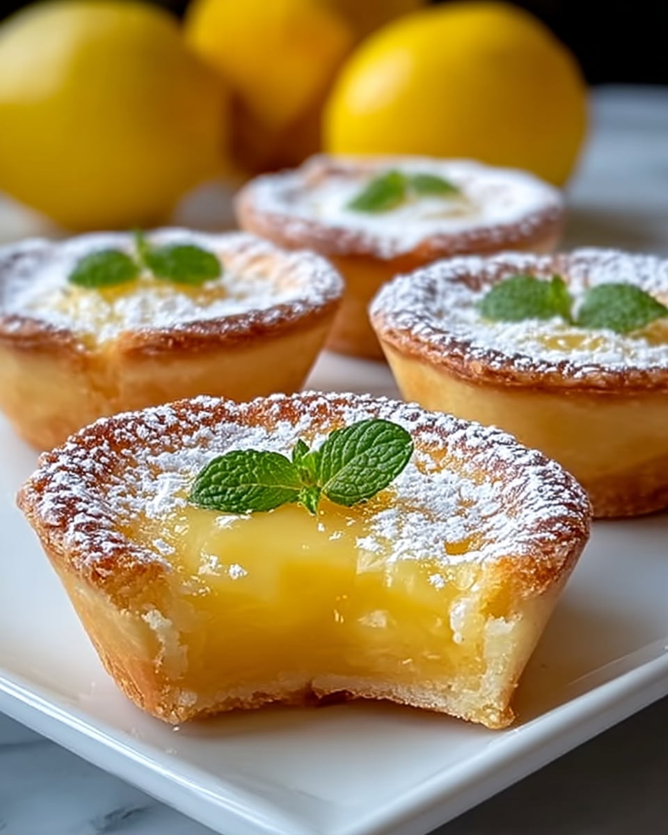 A close-up image shows four small tarts on a white square plate set on a white marbled surface. Each tart has a golden brown, crispy crust with soft edges. The top layer is dusted with fine white powdered sugar. One tart at the front is cut in half revealing a smooth, glossy yellow lemon filling inside. Small green mint leaves decorate the tarts in the background, alongside whole bright yellow lemons that add color contrast. photo taken with an iphone --ar 4:5 --v 7