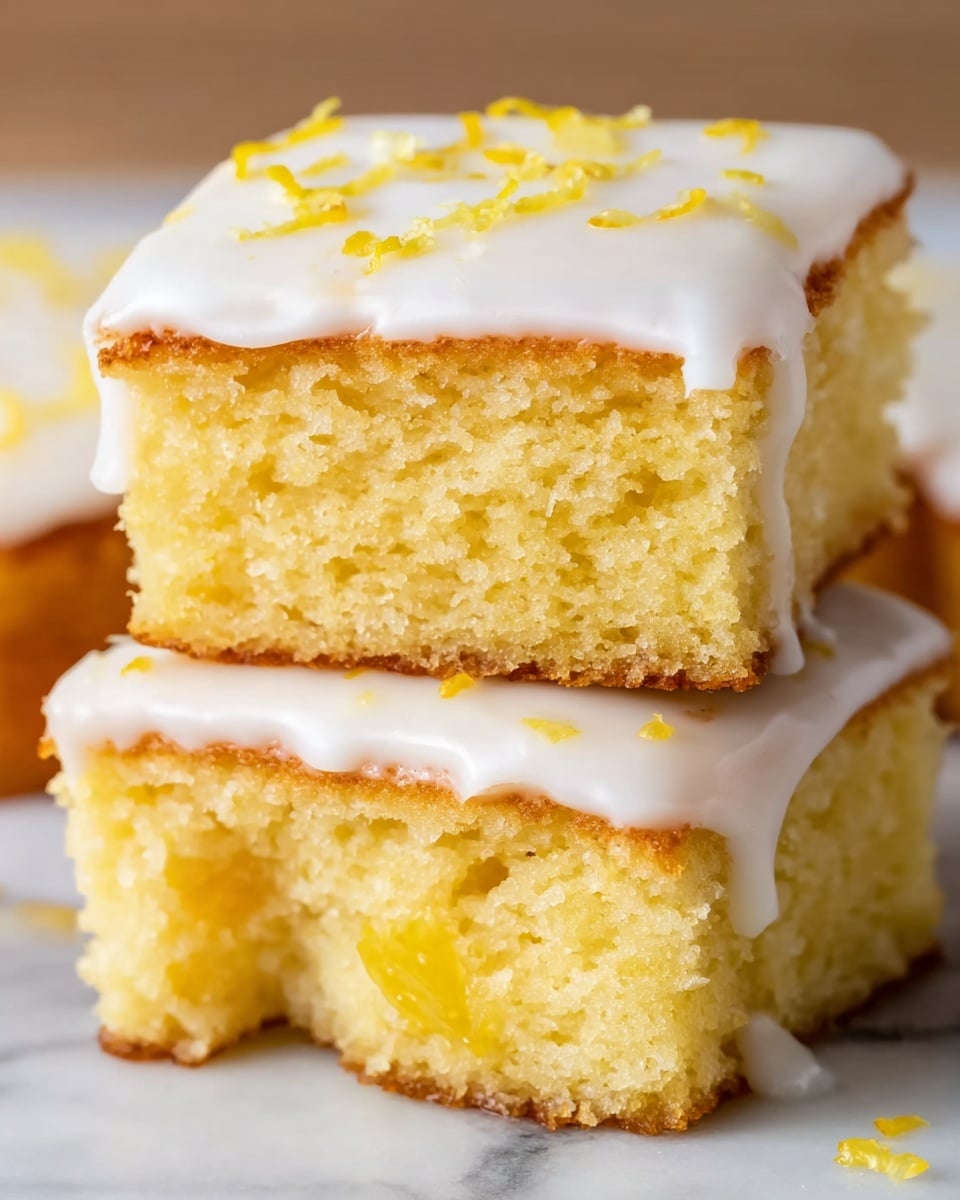 A close-up of two stacked square lemon cake pieces shown on a white marbled texture, each with a thick moist yellow sponge base. The top layer is a smooth white icing that drips slightly down the sides, sprinkled with small yellow lemon zest bits. The upper cake piece has a bite taken out of it, revealing a soft crumb inside. The bottom piece shows a small piece of lemon filling near the lower edge, giving it a juicy look. photo taken with an iphone --ar 4:5 --v 7