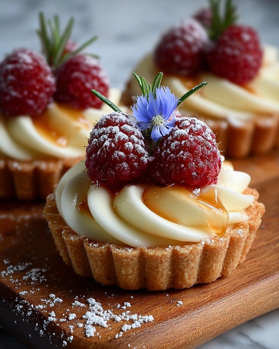 A close-up view of a small tart with three clear layers: the bottom layer is a crumbly, light brown crust shaped with a fluted edge; above it is a thick, smooth, white cream swirl arranged in petal-like waves covering the tart base; on top are three bright red raspberries dusted with white powdered sugar, decorated with a small sprig of green rosemary and a delicate blue edible flower, and a drizzle of golden syrup over the berries. The tarts are resting on a wooden board with a white marbled texture background, and powdered sugar is lightly scattered around them. photo taken with an iphone --ar 4:5 --v 7