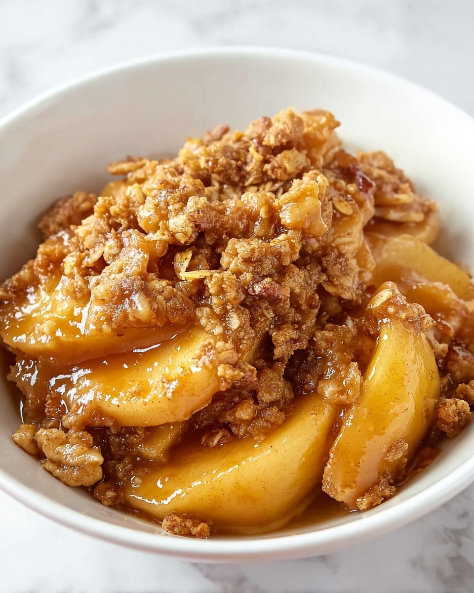 The image shows a white bowl filled with warm apple crisp. The dish has thick layers of soft, shiny apple slices coated in a golden-brown syrupy sauce. On top of the apples, there is a crumbly layer of crisp oat topping mixed with brown sugar and small bits of nuts, adding a crunchy texture. The bowl sits on a white marbled surface, enhancing the dish’s cozy and inviting look. photo taken with an iphone --ar 4:5 --v 7