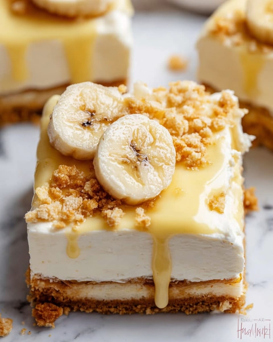 The image shows a square slice of layered banana dessert on a white marbled surface. The bottom layer is a golden-brown crumb crust. Above that is a thick white cream layer, topped by a smooth pale yellow sauce that is drizzled slightly over the edges. On top, there are two slices of banana and a sprinkle of crushed crumbs, adding texture. The layers are clear and the dessert looks moist and creamy. The background includes part of another identical slice to the right. Photo taken with an iphone --ar 4:5 --v 7
