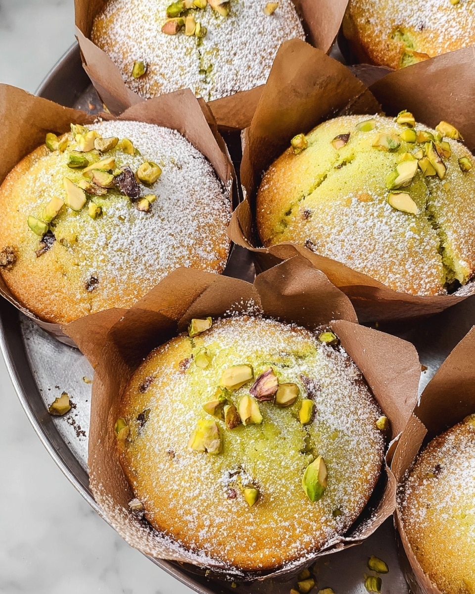 The image shows several round pistachio-flavored muffins, each individually baked in crinkled brown parchment paper cups, arranged close together. Each muffin has a golden-yellow top with a slightly green tint from the pistachio, dusted lightly with white powdered sugar, and sprinkled with chopped green and brown pistachio nuts. The surface texture of the muffins looks soft and slightly crumbly around the edges. They rest on a shiny metal tray with a white marbled texture visible in the background. photo taken with an iphone --ar 4:5 --v 7