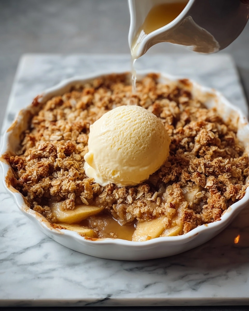 A round white fluted dish holds a warm apple crumble with visible apple slices softened by sauce beneath a thick layer of golden-brown crumb topping that looks crunchy and textured with bits of oats and cinnamon. Sitting in the center on top of the crumble is a smooth, creamy, round scoop of vanilla ice cream, slightly melting at the edges. The dish is placed on a dark, slightly rough surface, and a woman's hand is holding a white cup above, pouring sauce or cream over the dessert. Photo taken with an iphone --ar 4:5 --v 7