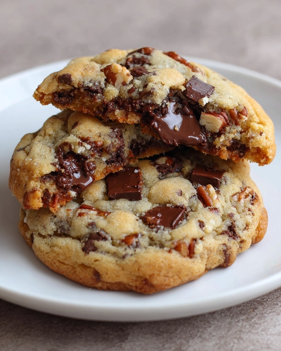 Two thick chocolate chip cookies rest on a white plate placed on a white marbled texture. The cookies are golden brown with a slightly crispy edge and a soft, chewy center. One cookie is whole, showing chunks of melted dark chocolate and pieces of pecans embedded in the dough. The other cookie is broken in half and stacked on top, revealing a gooey chocolate middle and bits of nuts spread throughout. The texture looks crumbly and moist, with the chocolate glistening slightly in the light. photo taken with an iphone --ar 4:5 --v 7