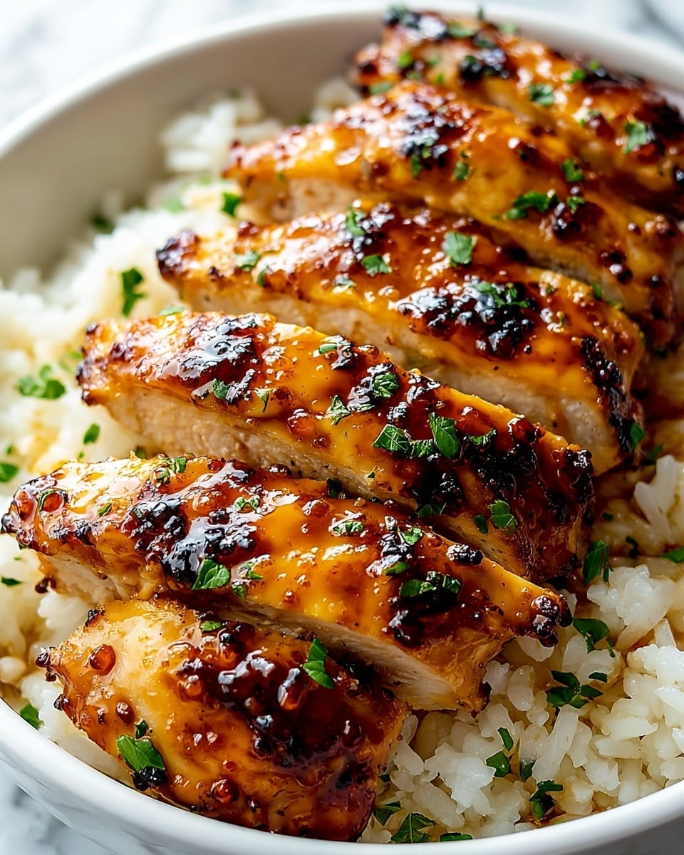 The image shows a close-up of a white bowl filled with a bed of soft, white rice as the bottom layer. On top, there are four pieces of grilled chicken breast arranged closely in a row, each piece coated with a shiny, caramelized glaze that looks sticky and golden brown with some charred spots. Small bits of chopped green herbs are sprinkled over the chicken and rice, adding a fresh contrast. The texture of the chicken is tender and juicy, with the glaze catching the light, making the dish look rich and flavorful. The background is a white marbled texture. photo taken with an iphone --ar 4:5 --v 7