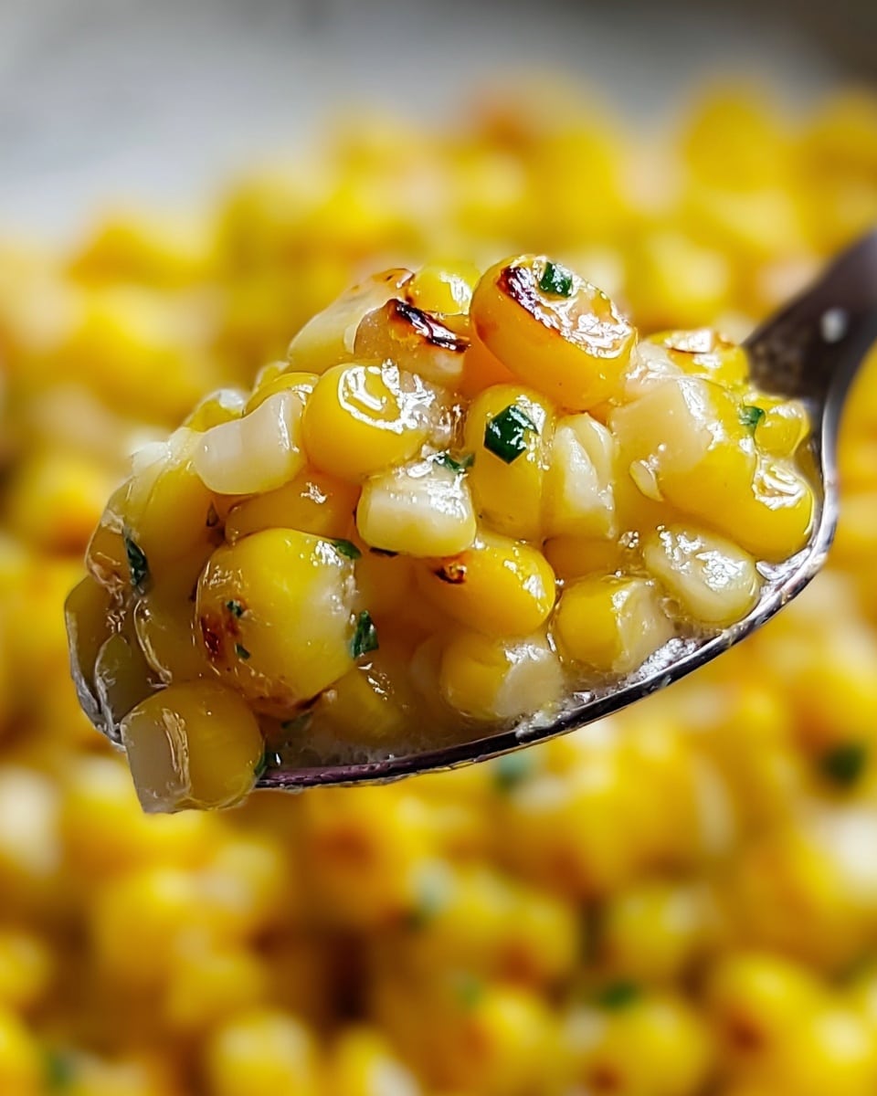 A close-up of a spoonful of cooked corn kernels shows shiny yellow and white kernels with some browned, roasted spots. Small green herb flakes are sprinkled on top of the corn, adding color contrast. The background is filled with more corn kernels, blurred to focus on the spoon's contents. The spoon is silver and holds a thick layer of the mixed yellow and white corn, with a slightly oily and glistening texture. The photo is set on a white marbled surface. photo taken with an iphone --ar 4:5 --v 7