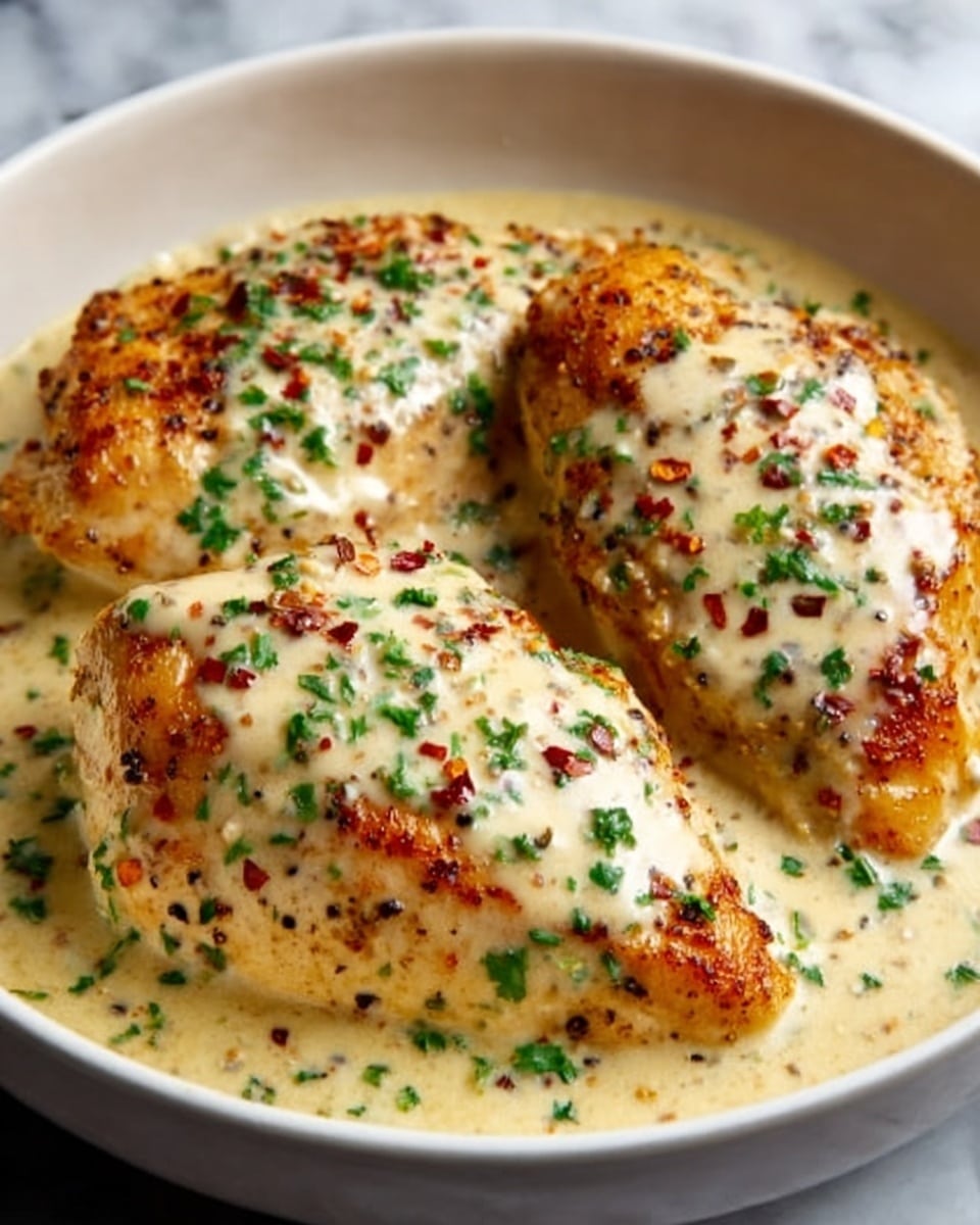 The image shows a white bowl filled with three pieces of golden-brown chicken breasts covered in a creamy white sauce with visible small green herbs and red flakes on top. The chicken pieces sit in a pool of the same creamy sauce, which looks rich and smooth. The sauce has small chopped green herbs sprinkled evenly throughout. The chicken texture looks crispy on the edges, and the cream sauce covers each piece generously, blending with the specks of seasoning. The bowl is on a white marbled surface. Photo taken with an iphone --ar 4:5 --v 7