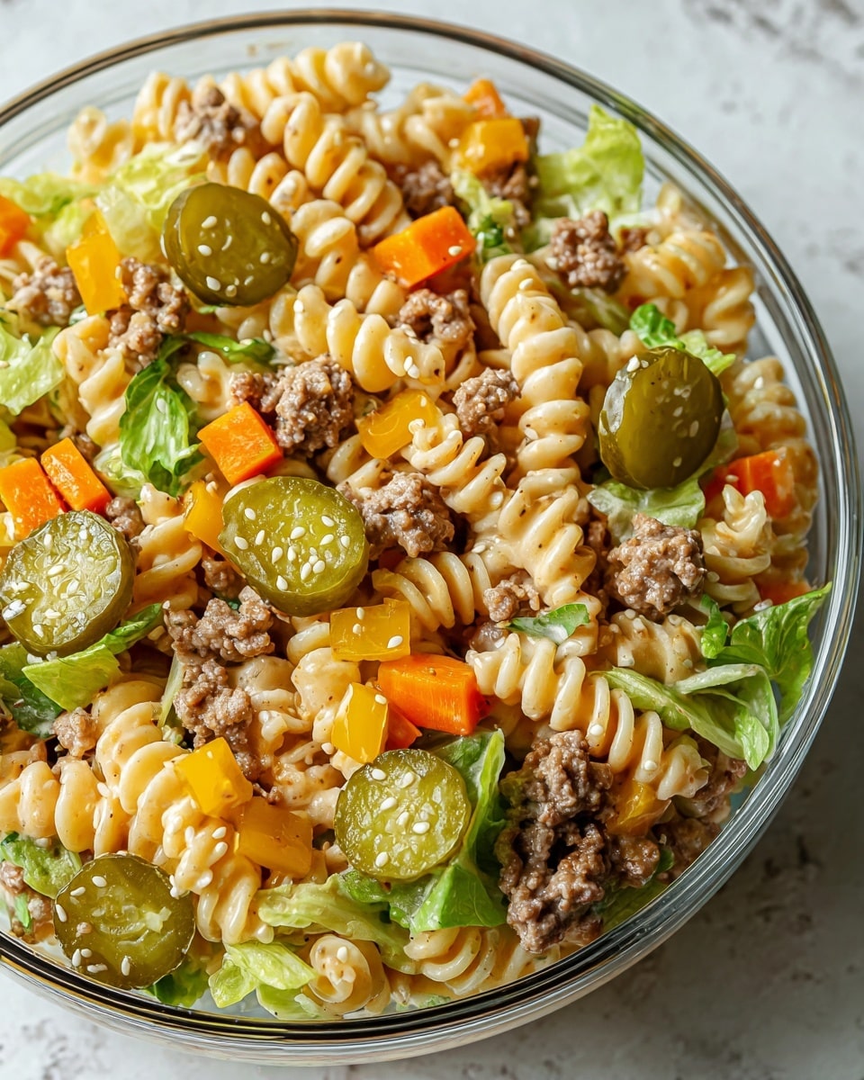A close-up view of a bowl filled with creamy spiral pasta mixed with small pieces of ground beef, chopped green lettuce, bright orange carrot chunks, yellow bell pepper cubes, and several round green pickle slices sprinkled with sesame seeds, all sitting in a clear glass bowl on a white marbled textured surface. photo taken with an iphone --ar 4:5 --v 7