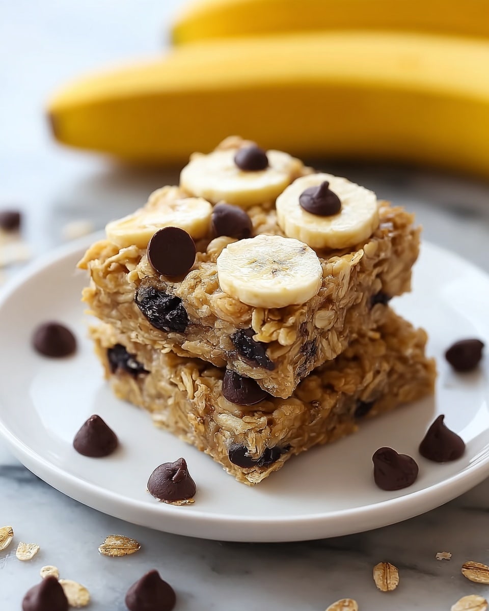 Two square oat bars stacked on a white square plate, each bar showing a dense mix of oats and dark raisins embedded in a golden-brown base. The top bar is decorated with several chocolate chips standing upright and thin banana slices placed flat, creating a contrast of dark brown, pale yellow, and oatmeal colors. Around the plate, loose chocolate chips and oat flakes are scattered on a white marbled surface, with a bright yellow banana blurred in the background. photo taken with an iphone --ar 4:5 --v 7