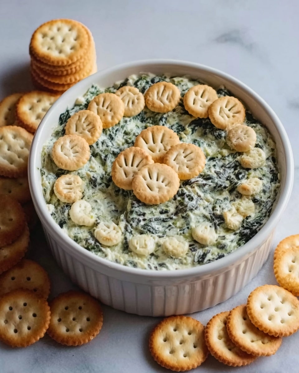 A white round ceramic dish filled with a creamy spinach dip, the dip is green with small white bits mixed in, topped with a circle of small, round beige crackers that have a handprint pattern on them. The dish sits on a white marbled surface, and three more round crackers are propped up behind the dish. Photo taken with an iphone --ar 4:5 --v 7