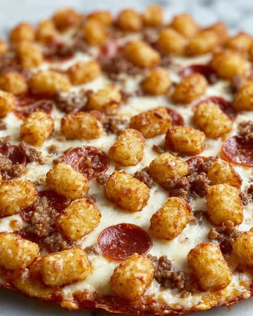 A close-up view of a pizza topped with a thick layer of golden-brown tater tots spread evenly across the surface. Beneath the tater tots is a layer of melted white cheese covering the entire pizza, creating a smooth and creamy texture. Scattered on top are small slices of browned pepperoni with some cooked sausage pieces visible throughout, adding a mix of reddish-brown and beige tones. The edges have a slight crisp, and the pizza sits on a white marbled surface. Photo taken with an iphone --ar 4:5 --v 7