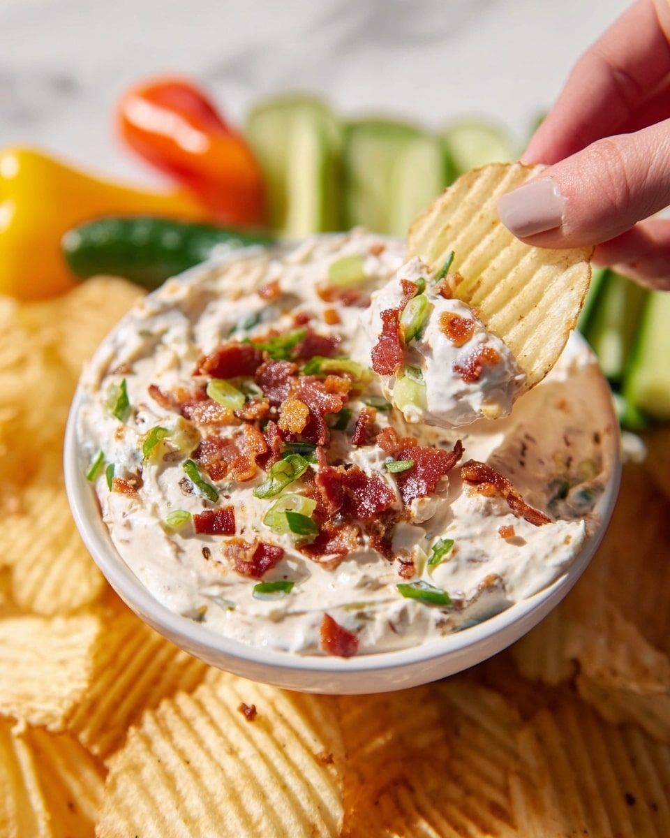 A close-up view shows a white bowl filled with creamy white dip topped with small red bacon bits and bright green chopped spring onions. In the foreground, a woman's hand is holding a ridged, pale yellow potato chip dipped in the same creamy white dip, which is also topped with bacon bits and green onion slices. The bowl sits on a white marbled surface with more ridged potato chips scattered around it, along with sliced green cucumbers and small orange peppers partly visible at the side. The image is bright and sharp, highlighting the textures and colors of the dip and chip. photo taken with an iphone --ar 4:5 --v 7
