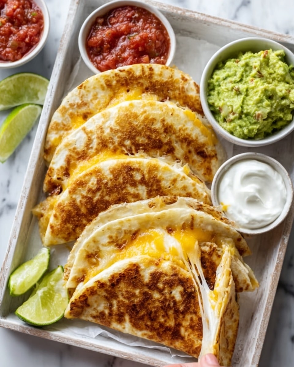 The image shows four golden brown quesadillas arranged in a row on a white plate with a white marbled surface underneath. Each quesadilla is folded in half, showing melted yellow cheese and bits of cooked meat inside. To the top left of the quesadillas, there is a small white bowl filled with chunky red salsa. To the top right, there is another small white bowl filled with smooth green guacamole. Next to the guacamole, there is a third small white bowl with thick white sour cream. On the left side of the plate, there are three lime wedges placed on the white marbled surface. A silver fork is pushing into the bottom quesadilla, slightly lifting it to reveal the cheesy filling. Photo taken with an iphone --ar 4:5 --v 7