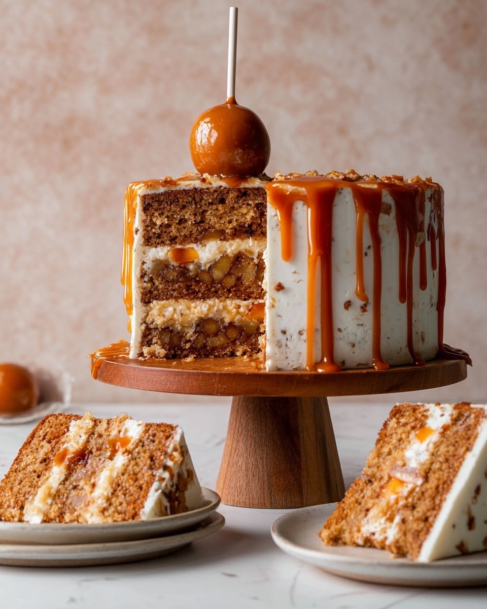 A three-layer cake sits on a wooden cake stand with a slice cut out to show the inside. The layers are light brown with visible texture, separated by creamy white frosting and a gooey caramel filling with small chunks. The cake is covered in a smooth white frosting, with thick caramel sauce dripping down the sides. On top is a round caramel-coated candy apple on a stick. Two slices of the cake are placed on wooden plates in front of the stand. The background is a white marbled texture, with milk bottles and apple slices nearby. Photo taken with an iphone --ar 4:5 --v 7