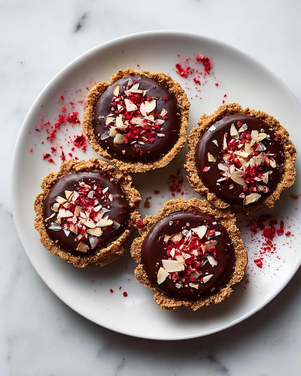 A white plate with four round tarts placed in a cluster, each tart has a golden brown crumbly crust base, topped with a smooth, glossy dark chocolate layer, sprinkled with small white almond slivers and bright red powder. The red powder is scattered not only on the tarts but also lightly on the white plate, which sits on a white marbled surface. The lighting highlights the rich texture of the chocolate and the crunchy crust edges. photo taken with an iphone --ar 4:5 --v 7