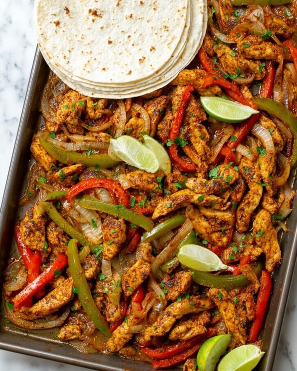 The image shows a large baking tray filled with cooked chicken strips mixed with red, green, and orange bell pepper strips and cooked onion slices, all seasoned with spices giving the chicken a rich brown color. On the top left corner of the tray, there is a small stack of soft, white tortillas. Several lime wedges are placed on top of the cooked mixture as garnish, and there are fine green herb pieces sprinkled over the dish. The surface underneath the tray has a white marbled texture. photo taken with an iphone --ar 4:5 --v 7