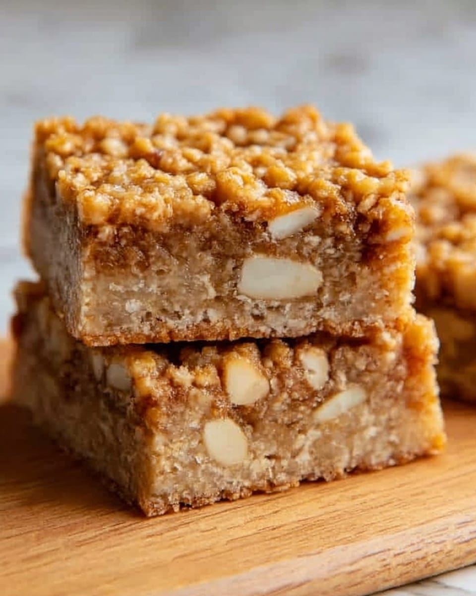 A close-up of a square piece of baked oatmeal bar placed on a white marbled surface, showing a thick bottom layer that looks soft and moist with visible white chunks of nuts inside, topped with a golden-brown, slightly crunchy layer that is textured with oats and small seeds. Behind it are two more identical oatmeal bars, slightly blurred for depth. The oatmeal bar has a rough, crumbly texture on top while the inside looks dense and chewy. Photo taken with an iphone --ar 4:5 --v 7