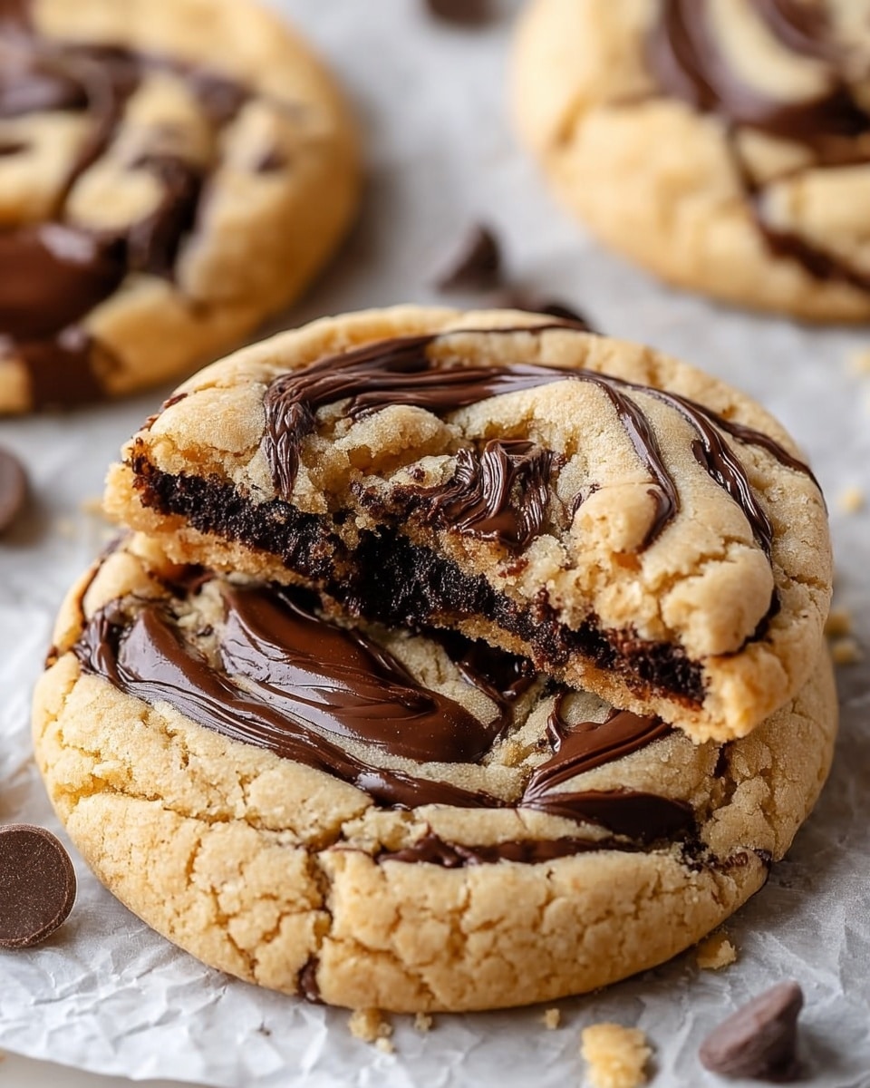 The image shows a close-up of a cookie with two layers: the base is light golden brown with a soft texture, and the top is swirled with dark chocolate, creating a marbled pattern that makes a mix of light and dark curves. The cookie has a bite taken from the bottom edge, revealing a soft middle with a mix of light dough and dark chocolate inside. Around the cookie, a few milk chocolate chips are scattered on white parchment paper. In the background, other cookies with the same swirled pattern are partly visible. The photo is taken on a white marbled surface. Photo taken with an iphone --ar 4:5 --v 7