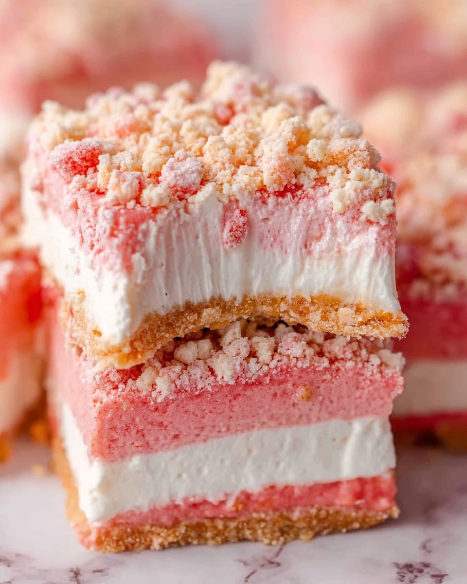 The image shows a close-up of a layered dessert with three visible layers. The bottom layer is a dense and smooth pink base with small bits of nuts visible within it. Above it is a thick white creamy layer with a light, airy texture. The top layer is a crumbly mix of pink and beige crumbs, giving the dessert a rough texture. One piece has a bite taken out, showing the layers clearly. The dessert is stacked on a white marbled surface, and a slice of red strawberry is partially visible at the bottom right corner. Photo taken with an iphone --ar 4:5 --v 7