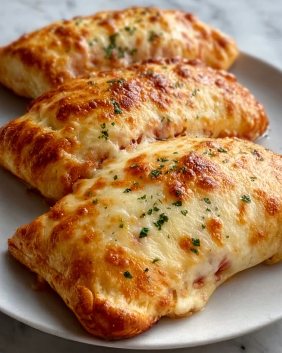 The image shows three golden-brown calzones placed on a white plate, each with a crispy, slightly puffed crust topped with melted cheese that has browned in spots. The cheese layer looks bubbly and creamy with a mix of lighter and darker orange shades, sprinkled with dried herbs and black pepper. The calzones are arranged close to each other, with the front one showing a bit of ham and sauce peeking from the edges. The plate sits on a white marbled surface. Photo taken with an iphone --ar 4:5 --v 7