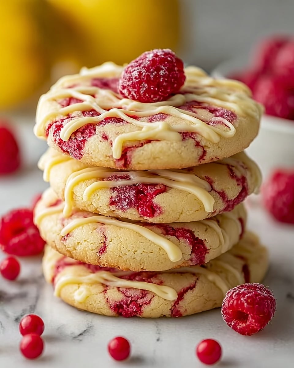 A stack of four cookies sits on a white marbled surface, each cookie showing a pale yellow base with bright red raspberry swirls running through, creating a marbled effect. The cookies are round and slightly thick, with a soft texture visible from the cracks on their surface. On top of the stack, a light yellow icing is drizzled in wavy lines, adding a smooth layer of decoration. Around the cookies, several fresh raspberries and small red candy beads are scattered, providing extra pops of red color. The background has blurred lemons adding a soft yellow contrast. photo taken with an iphone --ar 4:5 --v 7
